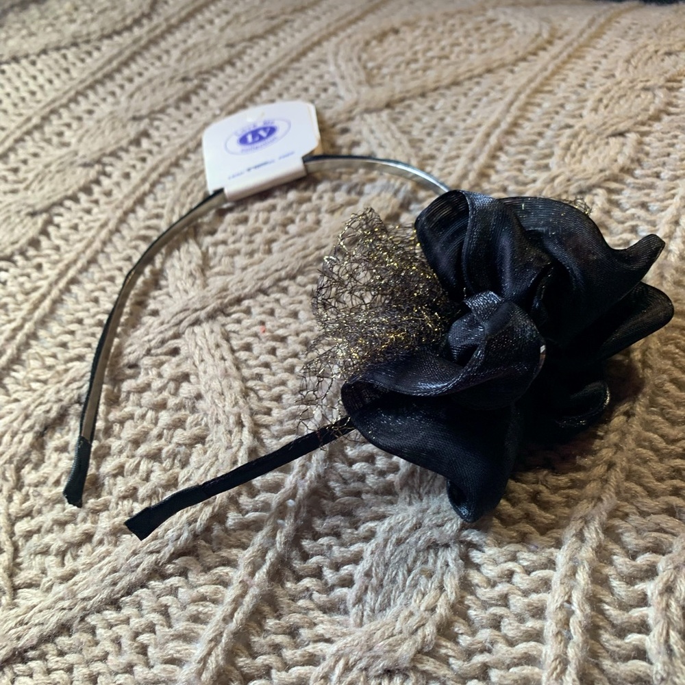 Love Me Collection Black Rose, Gold Trim & Silver Gem Embellished Headband